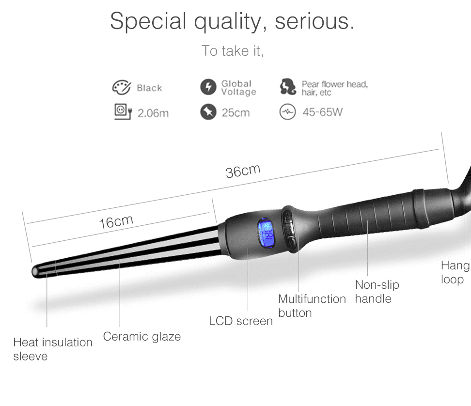 Hair Curler Iron and its features as LCD DISPLAY+ceramic glaze material+non slip handle+heat isulation sleeve