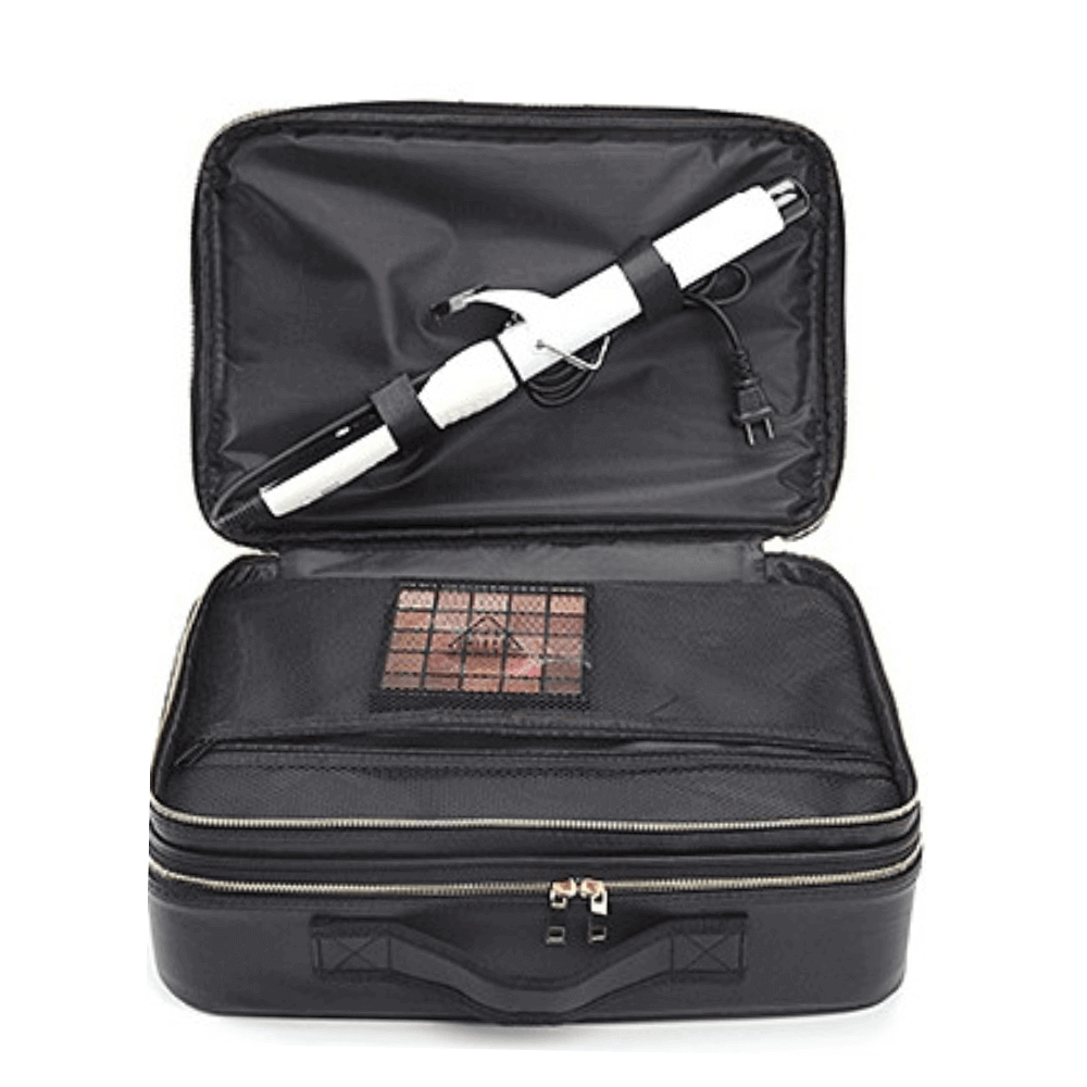 Professional large travel makeup bag with layers and changeable dividers.