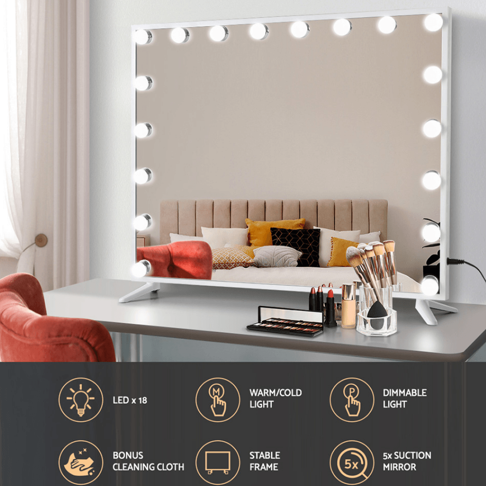 The best makeup mirror with 18 LED bulb lights that can adapt to three different light temperatures, dimmable light and a small amplifying mirror that can be attached to the main mirror for detailed makeup lines.