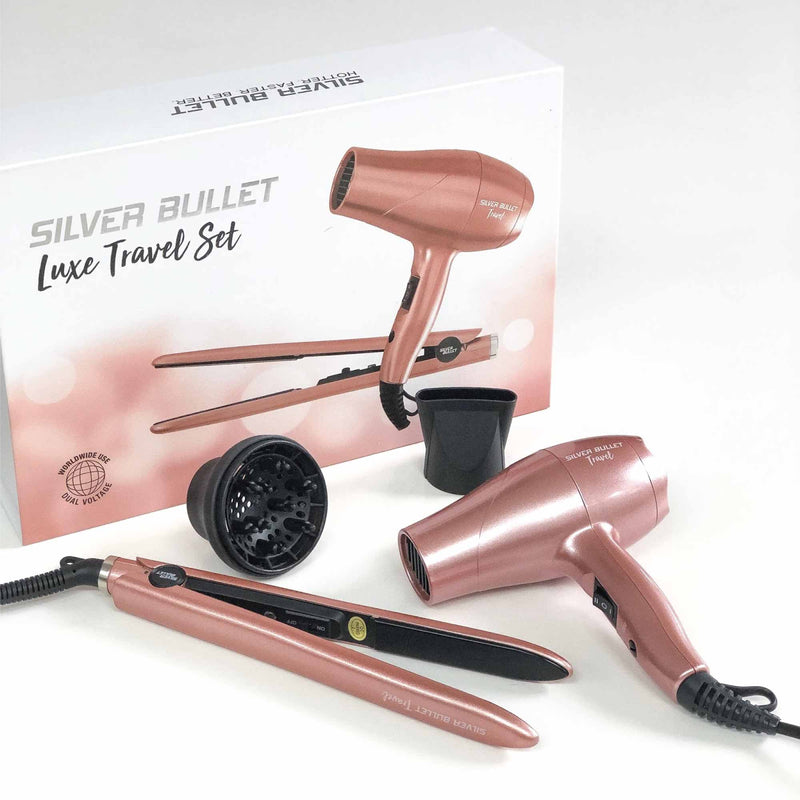 Silver Bullet Mini Hair Dryer and Straightener Iron Luxe Travel Set - Rose Gold