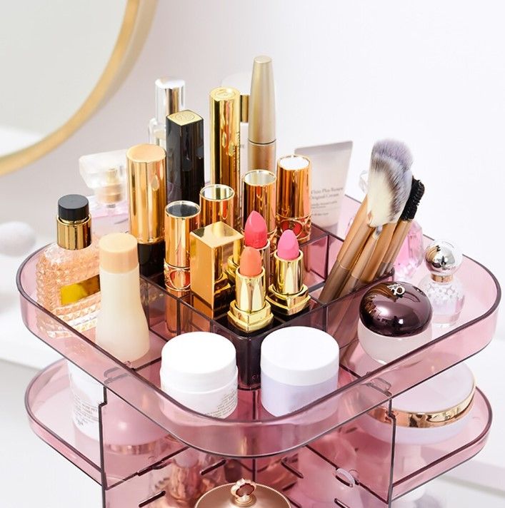 360 Rotating Large Capacity Makeup Organizer for Bedroom and Bathroom (Pink)